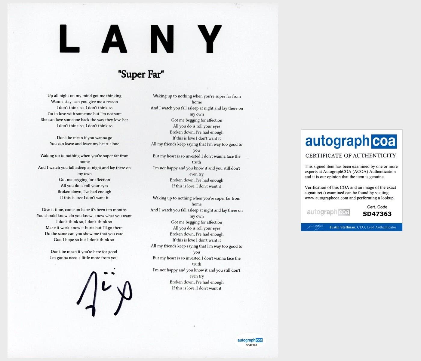 Jake Goss ‘LANY’ Signed Lyric Sheet Pop Band Drummer ‘Super Far’ ACOA