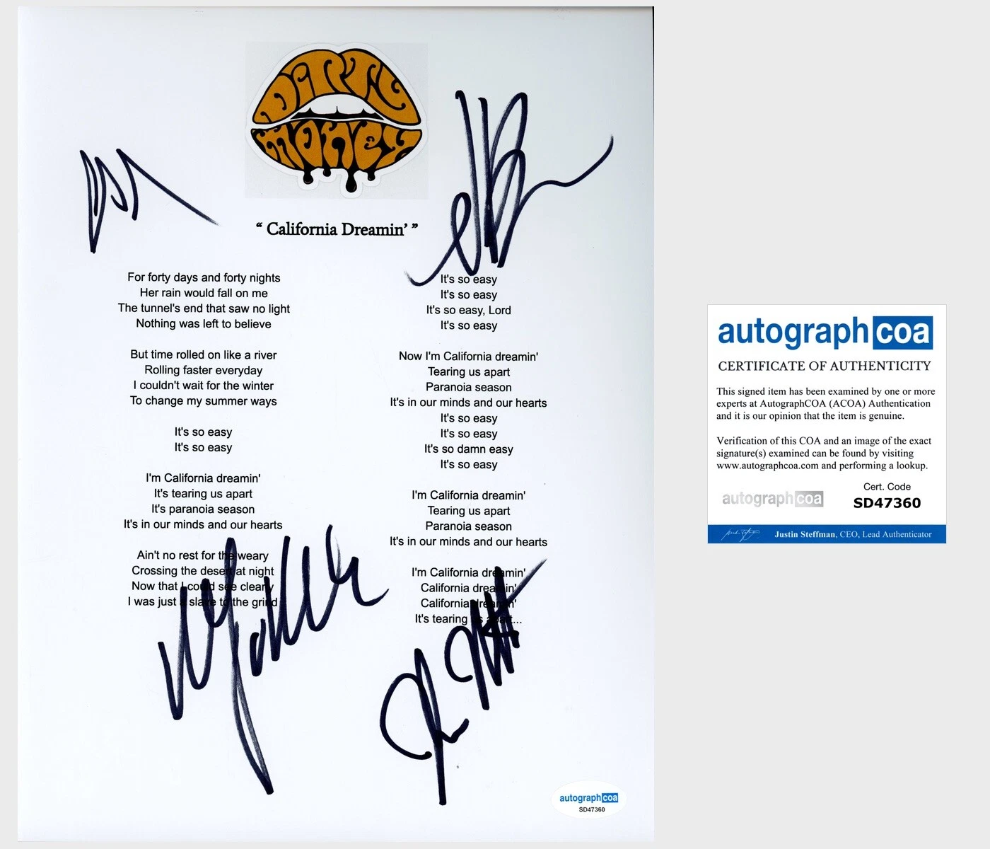 ‘Dirty Honey’ Band Signed ‘California Dreamin’ Lyric Sheet Marc Labelle +3 ACOA