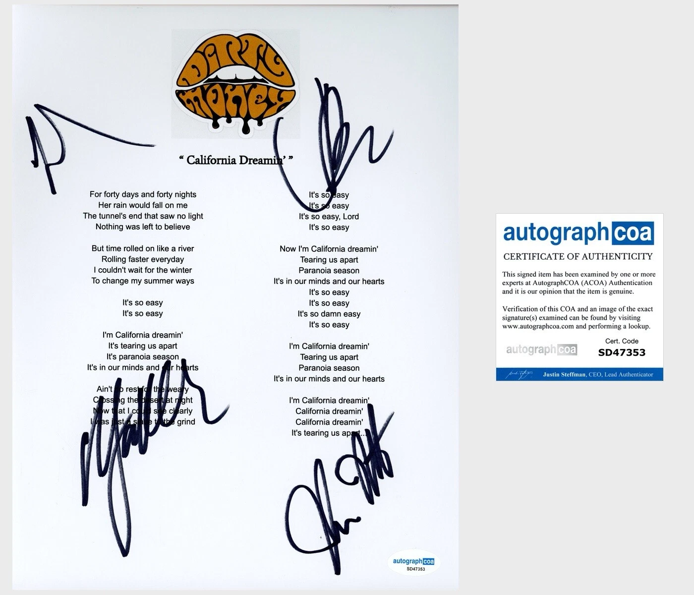‘Dirty Honey’ Band Signed ‘California Dreamin’ Lyric Sheet Marc Labelle +3 ACOA
