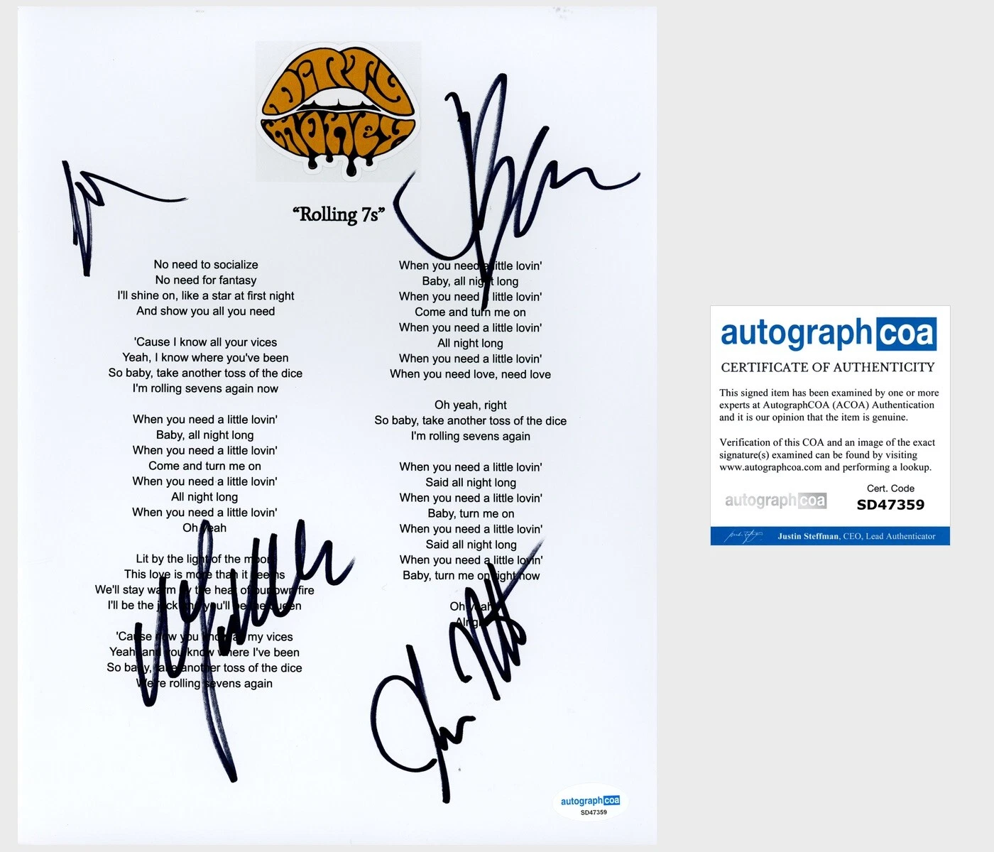 ‘Dirty Honey’ Band Signed ‘Rolling 7s’ Lyric Sheet Marc Labelle +3 ACOA