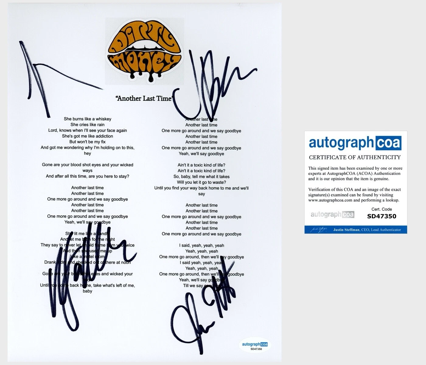 ‘DIRTY HONEY’ BAND SIGNED ‘ANOTHER LAST TIME’ LYRIC SHEET MARC LABELLE +3 ACOA COLLECTIBLE MEMORABILIA