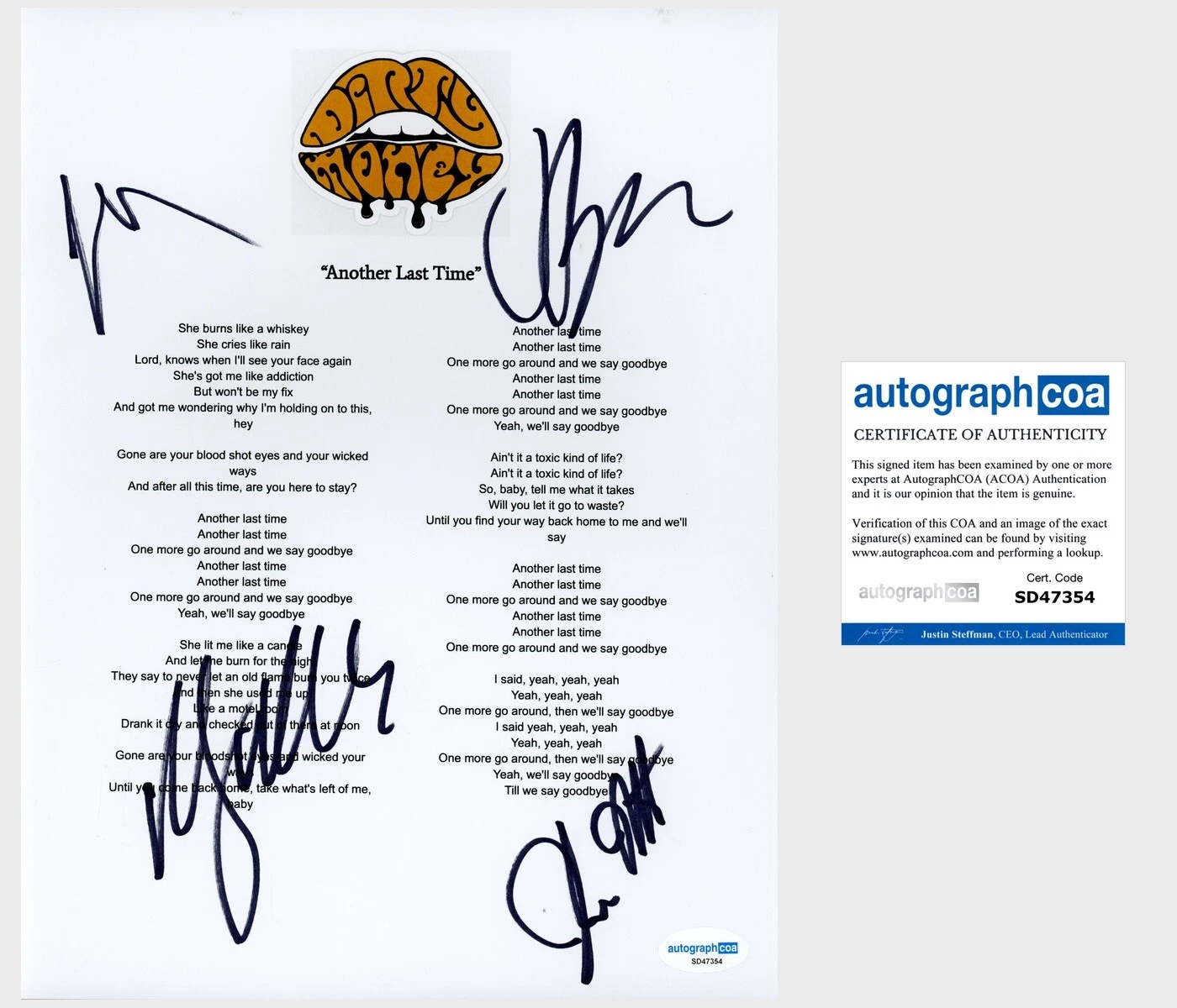 ‘DIRTY HONEY’ BAND SIGNED ‘ANOTHER LAST TIME’ LYRIC SHEET MARC LABELLE +3 ACOA COLLECTIBLE MEMORABILIA