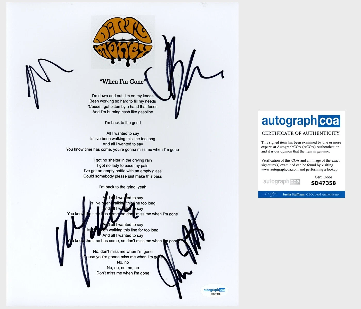 ‘Dirty Honey’ Band Signed ‘When I’m Gone’ Lyric Sheet Marc Labelle +3 ACOA