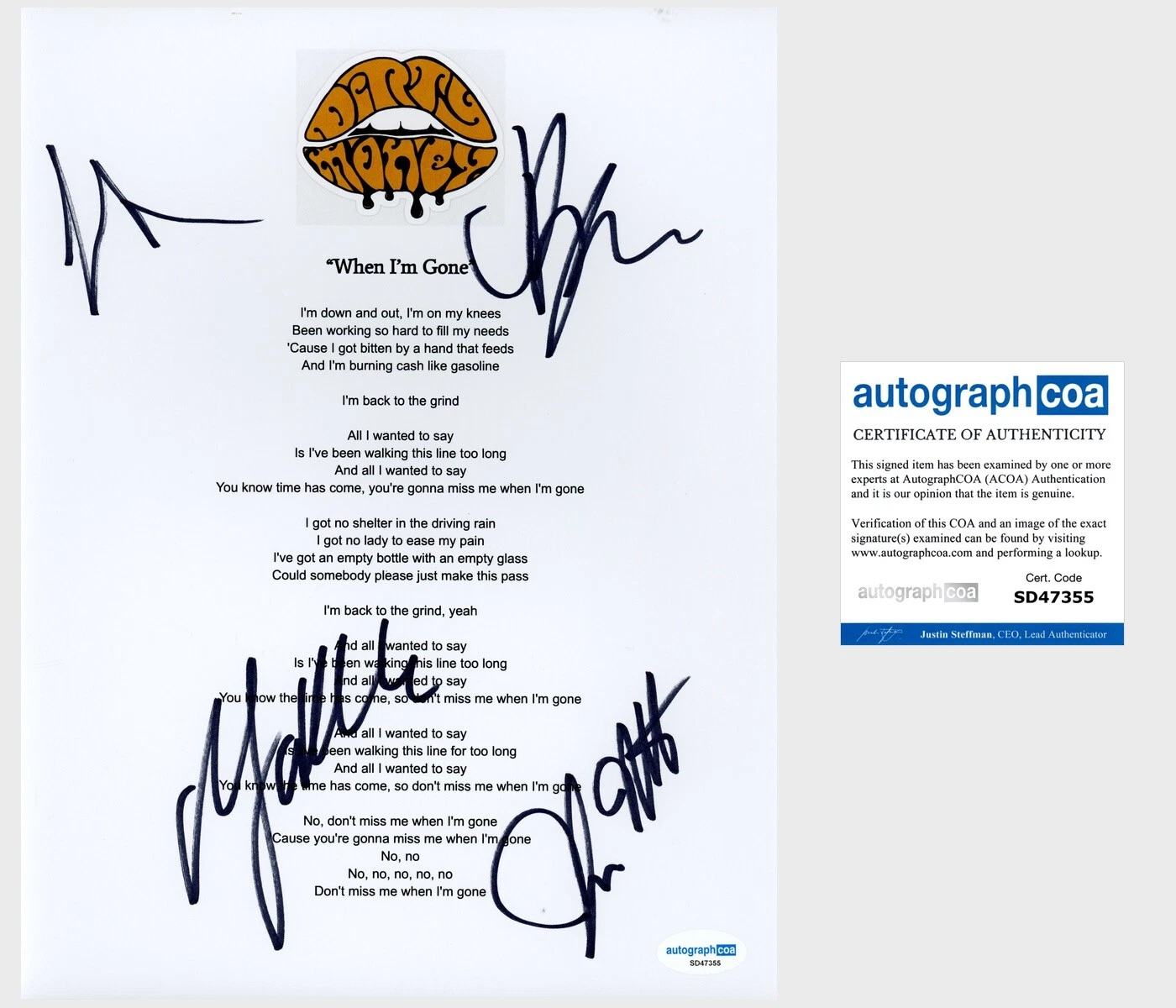 ‘DIRTY HONEY’ BAND SIGNED ‘WHEN I’M GONE’ LYRIC SHEET MARC LABELLE +3 ACOA COLLECTIBLE MEMORABILIA
