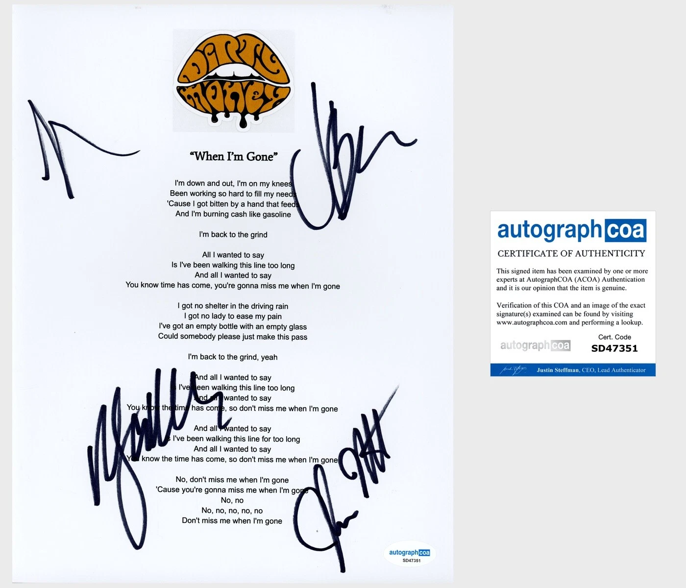 ‘DIRTY HONEY’ BAND SIGNED ‘WHEN I’M GONE’ LYRIC SHEET MARC LABELLE +3 ACOA COLLECTIBLE MEMORABILIA