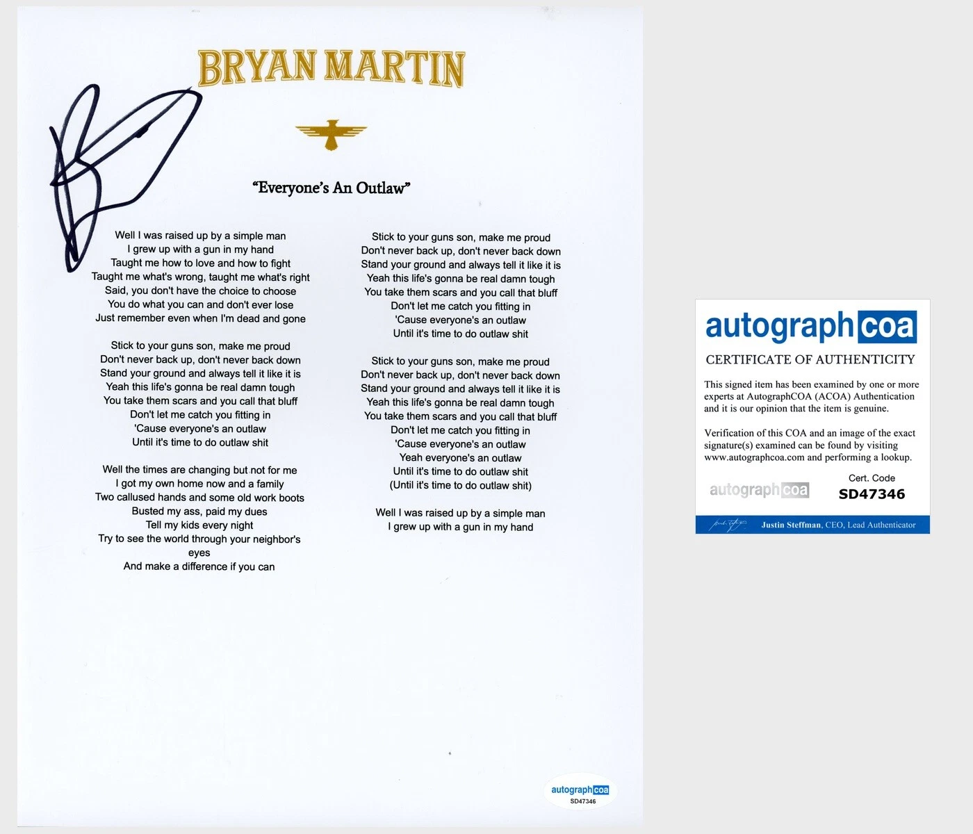 ‘BRYAN MARTIN’ SIGNED ‘EVERYONE’S AN OUTLAW’ LYRIC SHEET COUNTRY STAR ACOA COLLECTIBLE MEMORABILIA