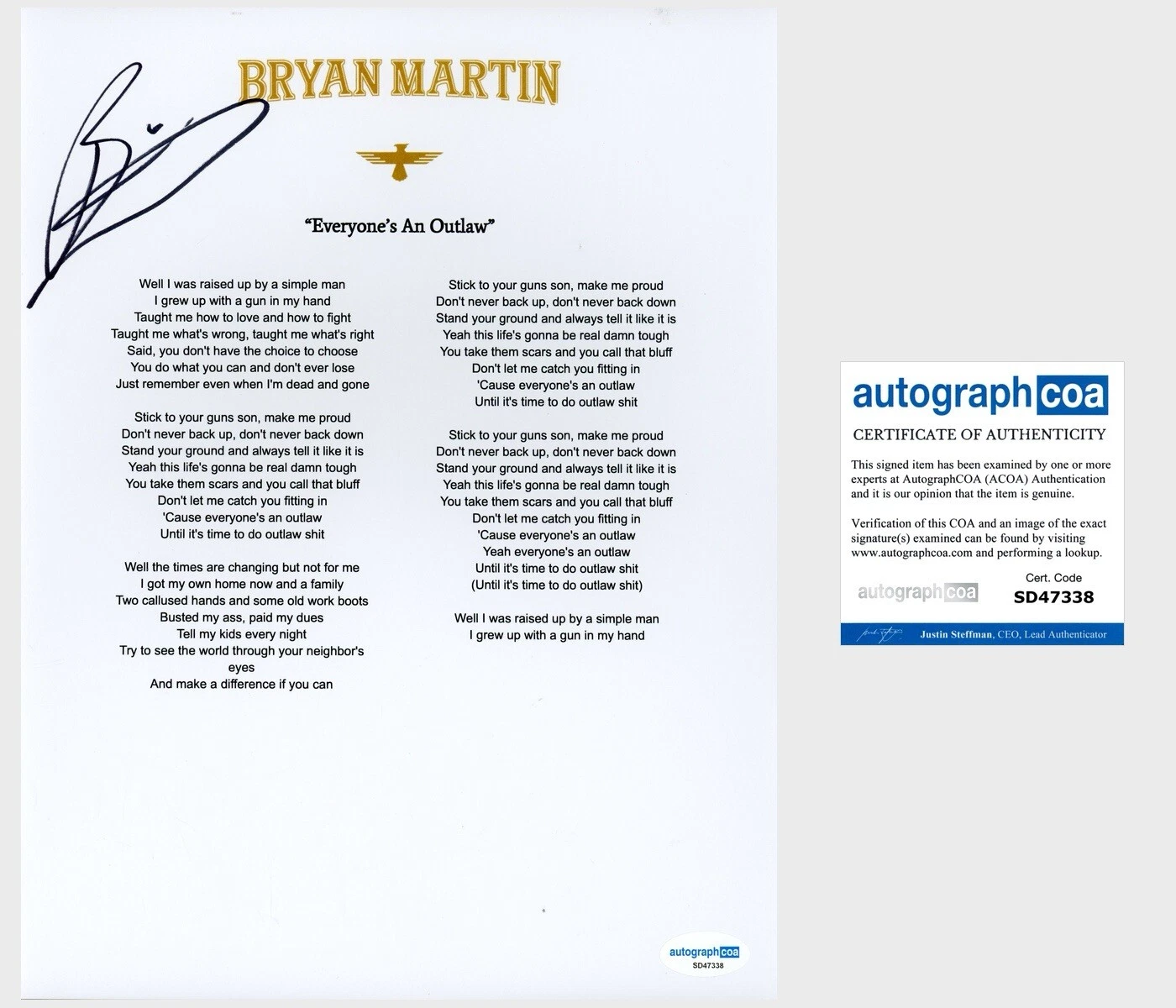 ‘Bryan Martin’ Signed ‘Everyone’s An Outlaw’ Lyric Sheet Country Star ACOA