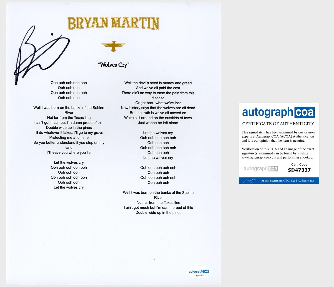 ‘Bryan Martin’ Signed ‘Wolves Cry’ Lyric Sheet Country Star ACOA
