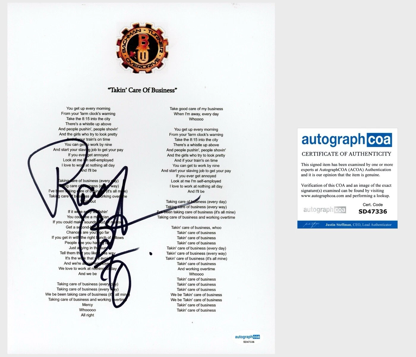 ‘Randy Bachman’ Signed ‘Takin’ Care Of Business’ Lyric Sheet ‘BTO’ ACOA PROOF