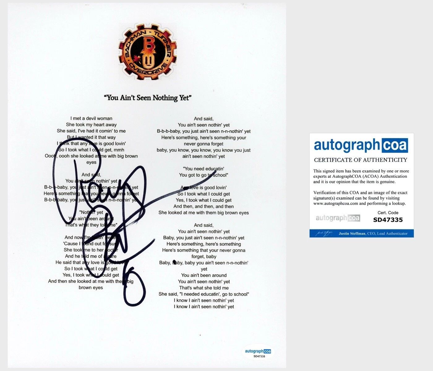 ‘RANDY BACHMAN’ SIGNED ‘YOU AIN’T SEEN NOTHING YET’ LYRIC SHEET ‘BTO’ ACOA PROOF COLLECTIBLE MEMORABILIA
