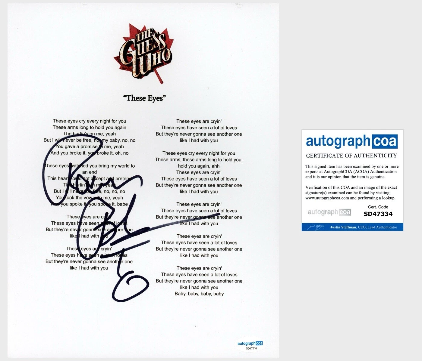 ‘Randy Bachman’ Signed ‘These Eyes’ Lyric Sheet ‘The Guess Who’ ‘BTO’ ACOA PROOF