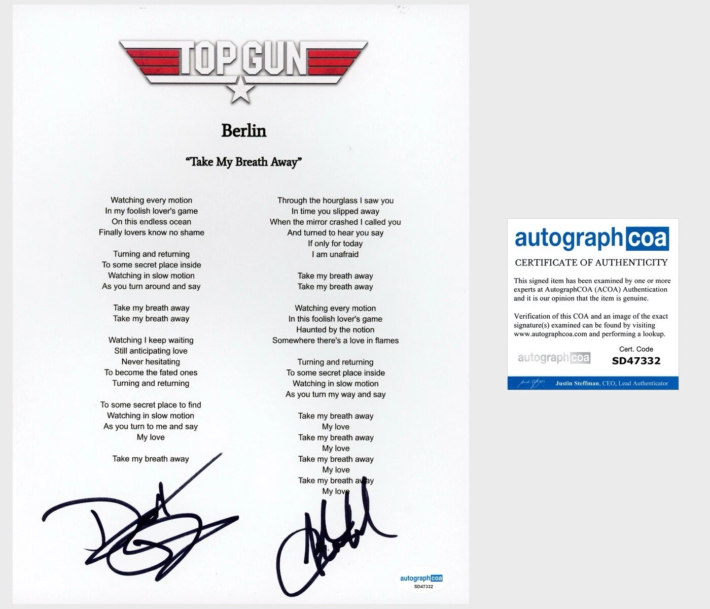 ‘JOHN CRAWFORD & DAVID DIAMOND’ ‘BERLIN’ BAND SIGNED LYRIC SHEET ACOA COLLECTIBLE MEMORABILIA