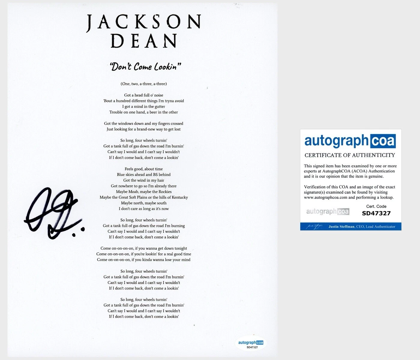 Jackson Dean ‘Don’t Come Lookin’ Country Singer Signed Lyric Sheet Music ACOA