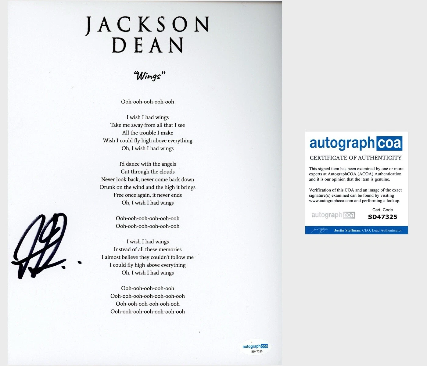 Jackson Dean ‘Wings’ Country Singer Signed Lyric Sheet Music ACOA