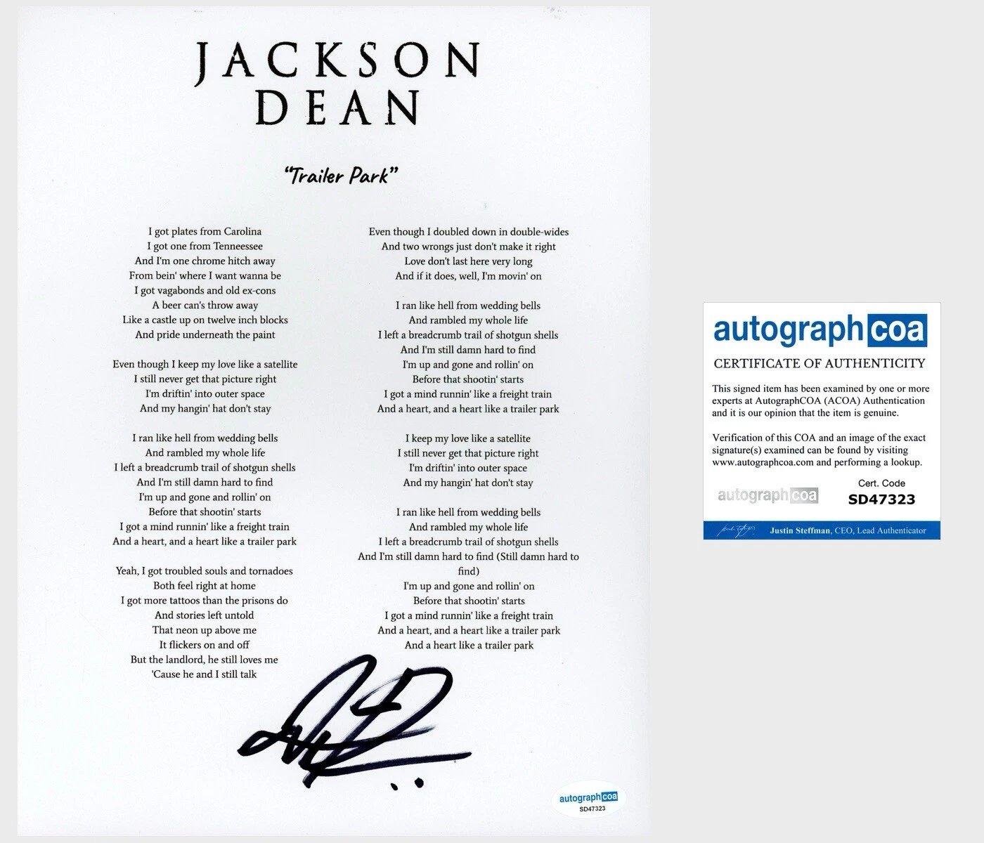 Jackson Dean ‘Trailer Park’ Country Singer Signed Lyric Sheet Music ACOA