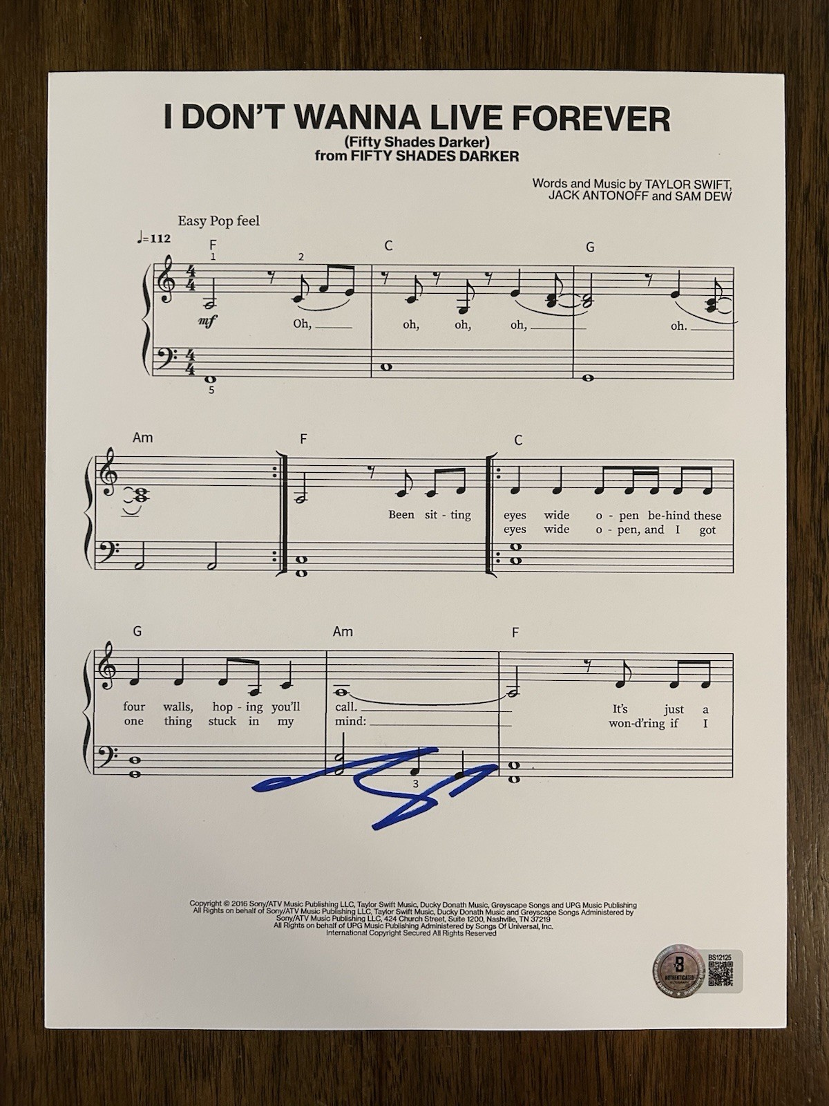 Jack Antonoff Signed Don’t Want To Live Forever Sheet Music Taylor Swift Beckett