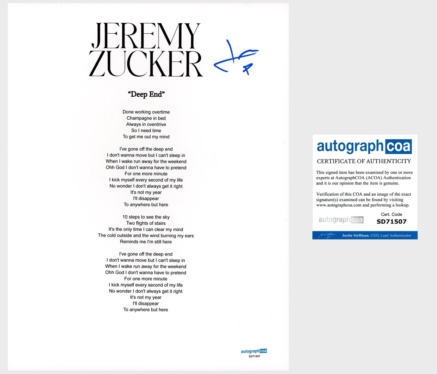‘JEREMY ZUCKER’ SIGNED LYRIC SHEET ‘DEEP END’ POP MUSIC STAR ACOA COLLECTIBLE MEMORABILIA