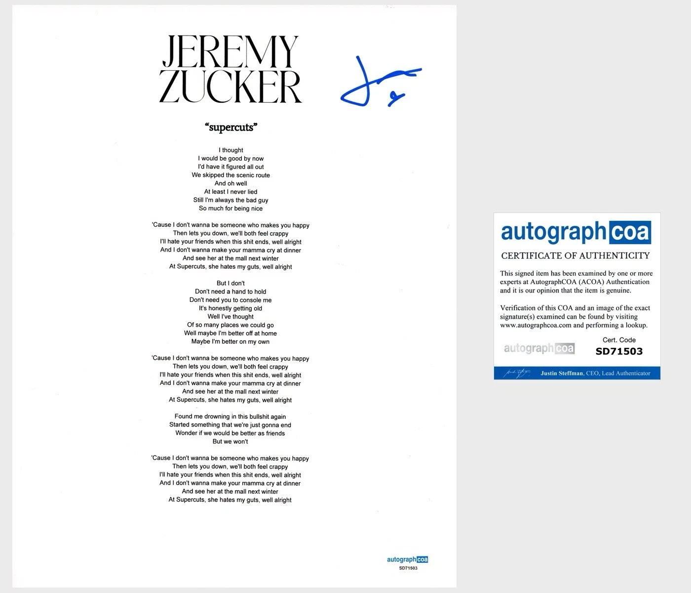 ‘JEREMY ZUCKER’ SIGNED LYRIC SHEET ‘SUPERCUTS’ POP MUSIC STAR ACOA COLLECTIBLE MEMORABILIA