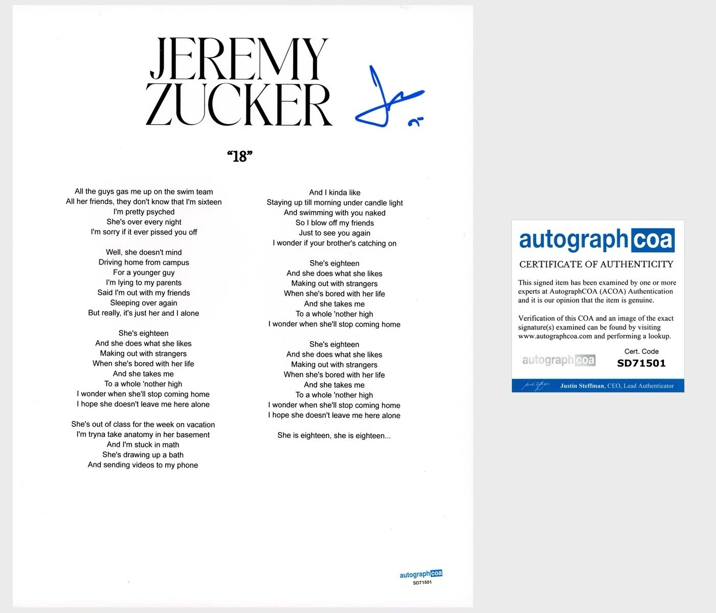 ‘JEREMY ZUCKER’ SIGNED LYRIC SHEET ‘18’ POP MUSIC STAR ACOA COLLECTIBLE MEMORABILIA