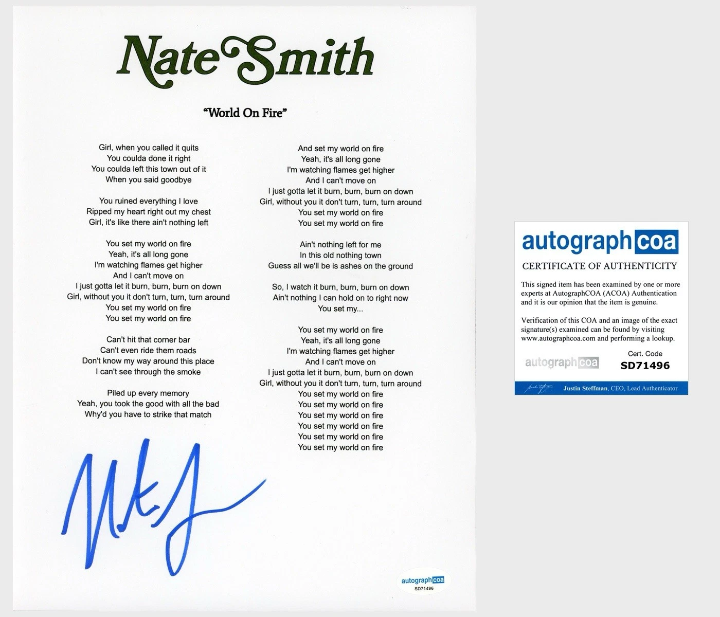 ‘Nate Smith’ Country Singer Signed ‘World On Fire’ Lyric Sheet Autograph ACOA