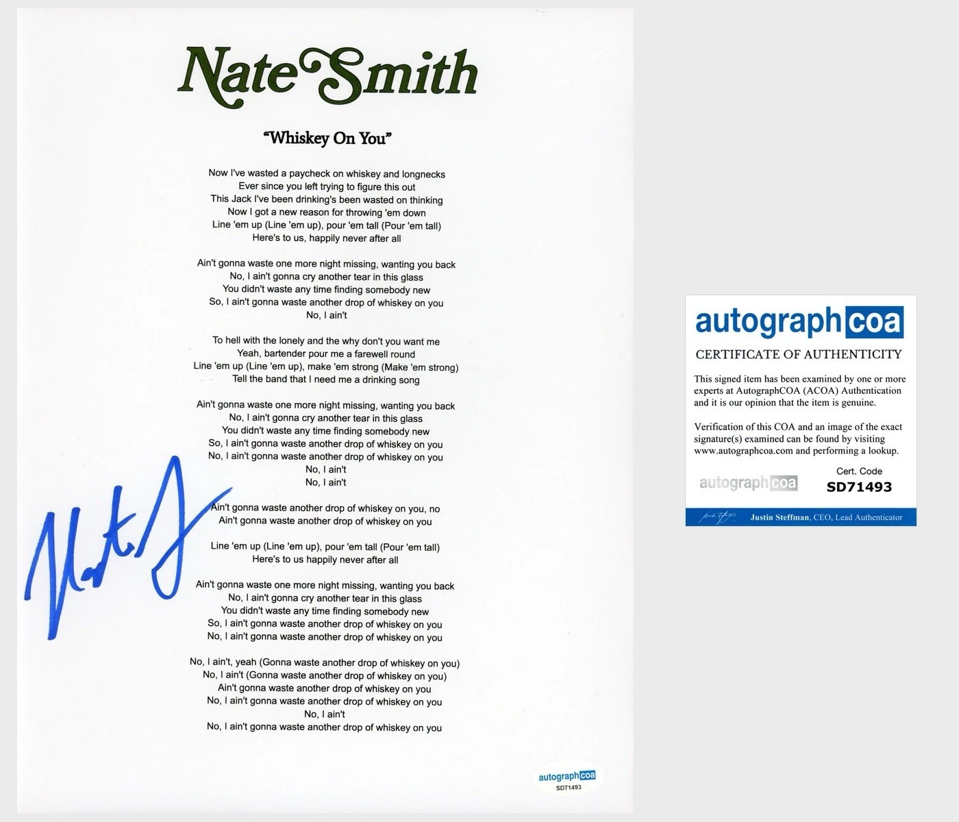 ‘Nate Smith’ Country Singer Signed ‘Whiskey On You’ Lyric Sheet Autograph ACOA