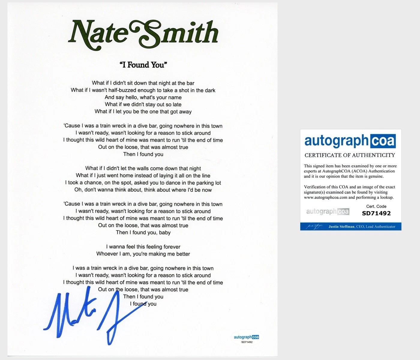 ‘Nate Smith’ Country Singer Signed ‘I Found You’ Lyric Sheet Autograph ACOA