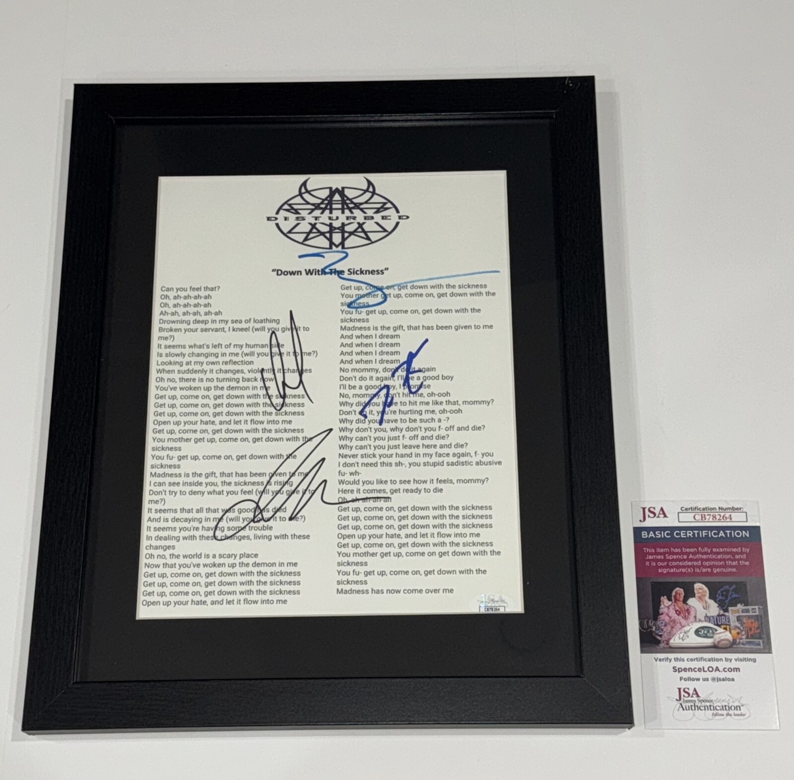 DISTURBED SIGNED DOWN WITH THE SICKNESS LYRIC SHEET DRAIMAN ALL 4 JSA COA
