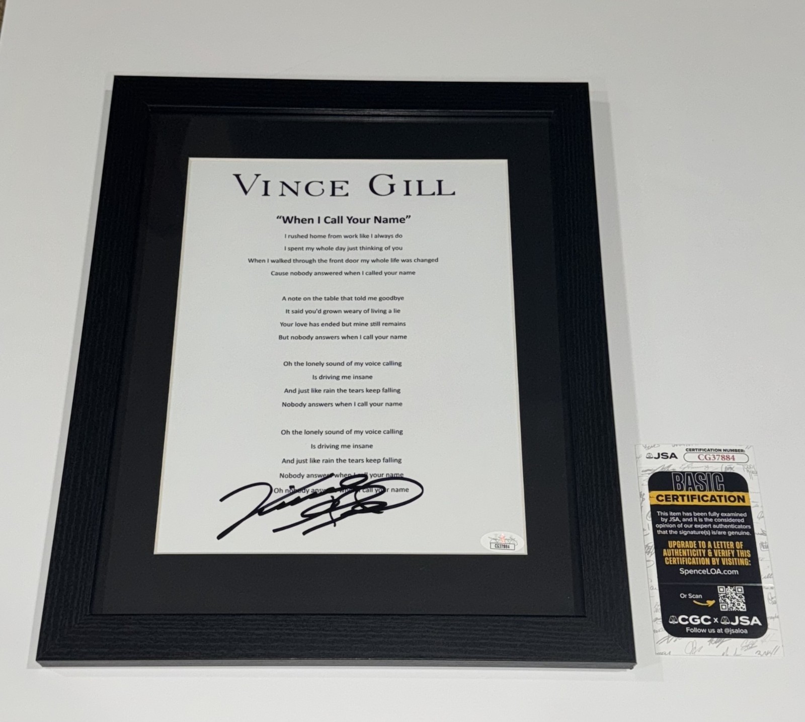 VINCE GILL SIGNED FRAMED WHEN I CALL YOUR NAME LYRIC SHEET JSA COA