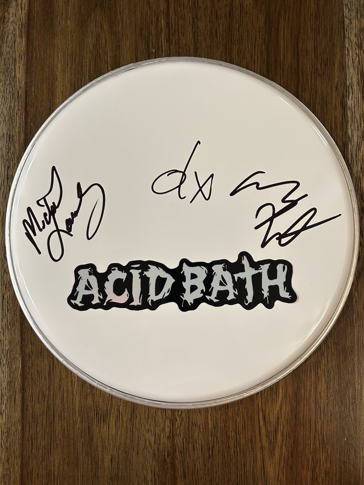 ‘ACID BATH’ BAND SIGNED 10” DRUMHEAD ‘DAX, SAMMY & MIKE’ COLLECTIBLE MEMORABILIA