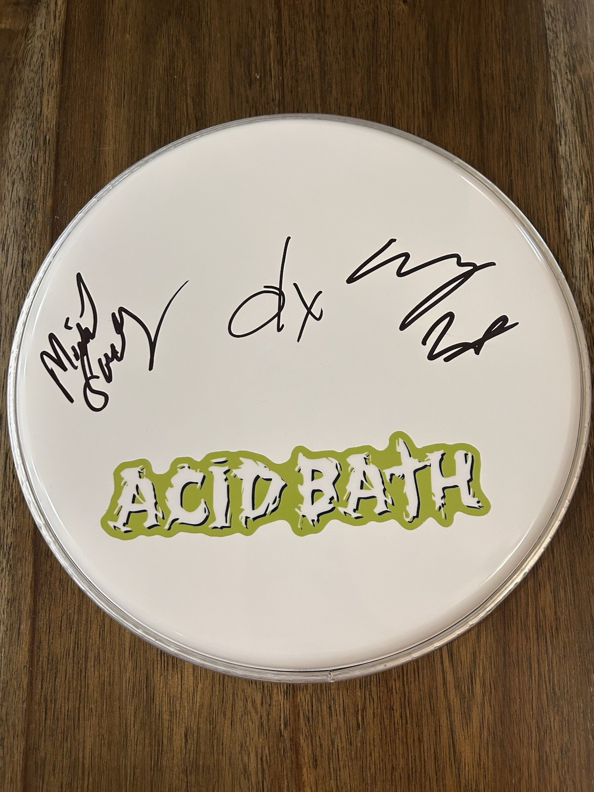 ‘ACID BATH’ BAND SIGNED 10” DRUMHEAD ‘DAX, SAMMY & MIKE’ COLLECTIBLE MEMORABILIA