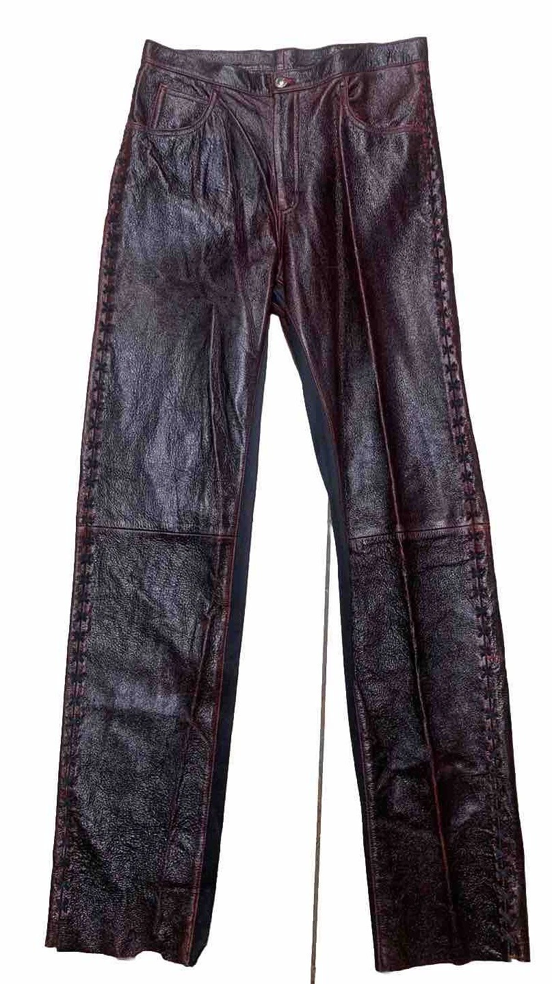 DUSTY HILL ZZ TOP PERSONALLY OWNED RED LEATHER STAGE PANTS W/ TOUR TAGS COLLECTIBLE MEMORABILIA