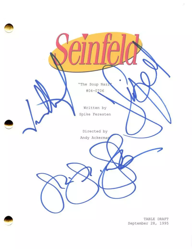 Jerry Seinfeld  Julia Louis-Dreyfus & Jason Signed Autograph Soup Nazi Script