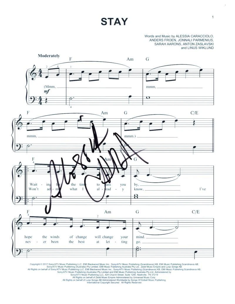 ALESSIA CARA SIGNED AUTOGRAPH STAY SHEET MUSIC W/ DJ ZEDD EVERYTHING, EVERYTHING COLLECTIBLE MEMORABILIA