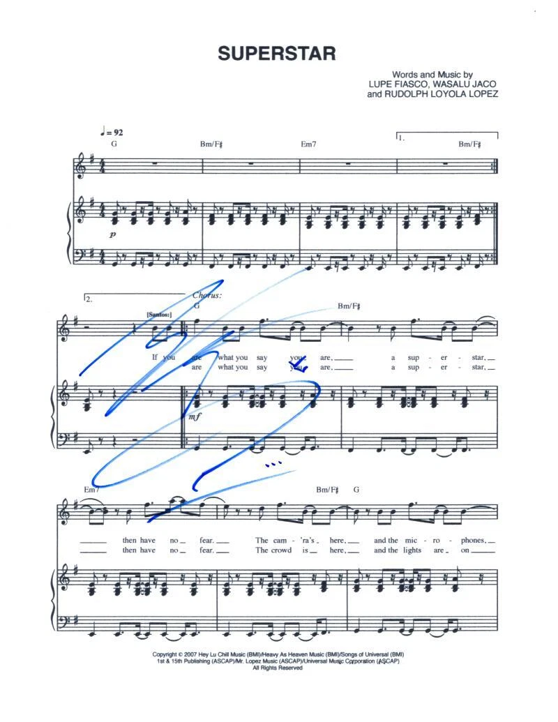 Lupe Fiasco Wasalu Muhammad Jaco Signed Autograph Superstar Sheet Music - Lasers