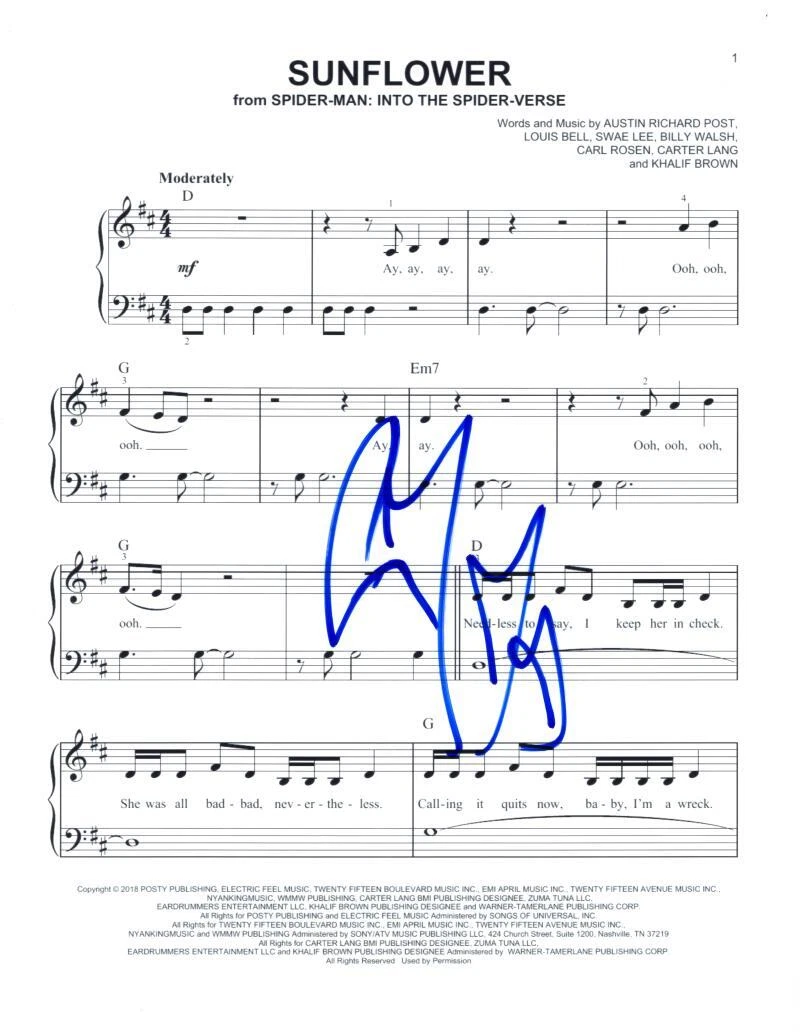Post Malone Signed Autograph Sunflower Sheet Music - From Into the Spider-Verse