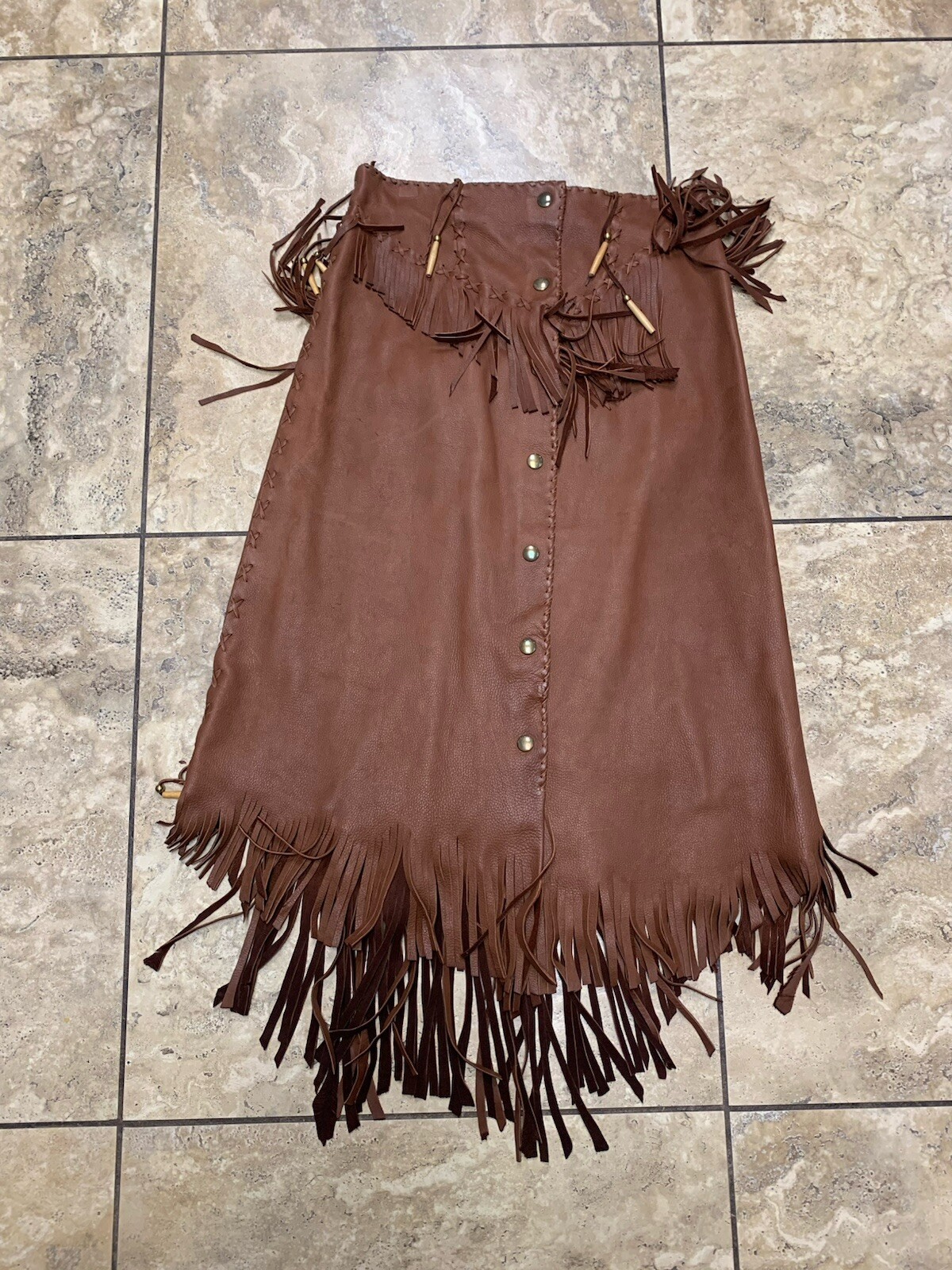 Native American Style Brown Soft Leather Fringe Western Snap Front Skirt