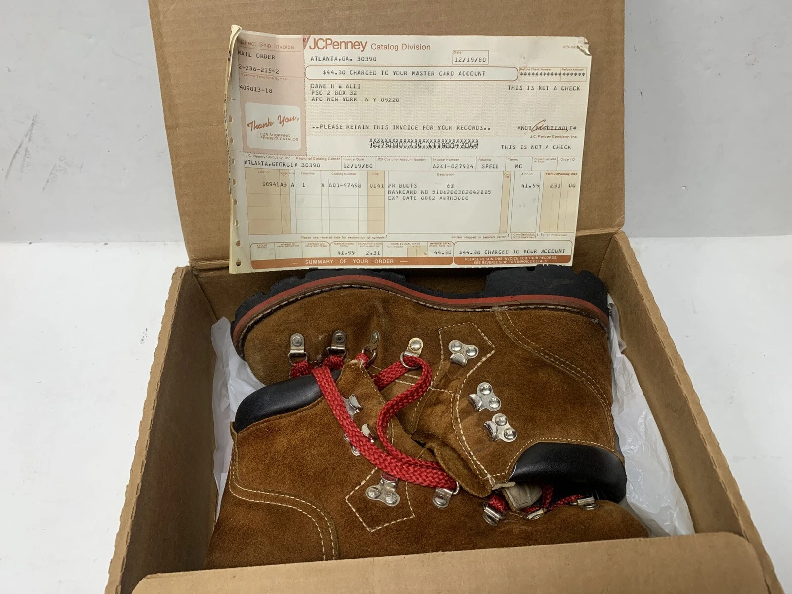 Vintage JC Penney  Hiking Boots Size  6.5D Red Laces With Box & Receipt 1980