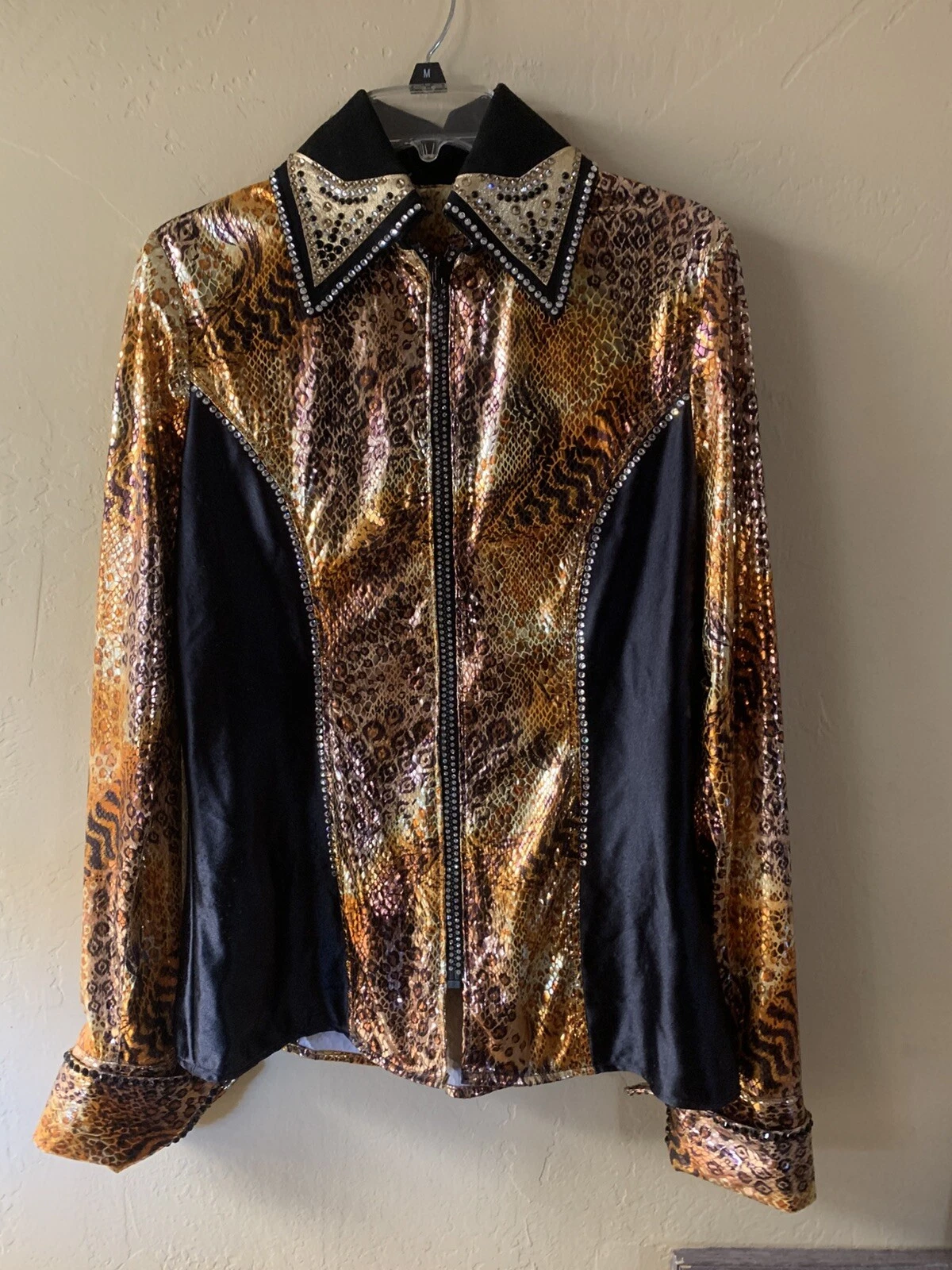 Western Show Women's Horse Riding Shirt Shiny Animal Print W/ Jewels Very Flashy