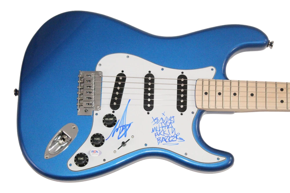 Travis Barker & Mark Hoppus Signed Autograph Blue Guitar - Blink182 PSA COA