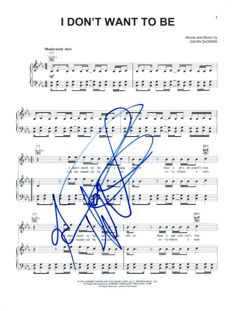 Gavin DeGraw Signed Autograph I Don't Want to Be Sheet Music from One Tree Hill
