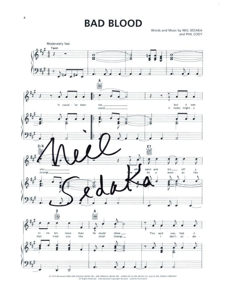 Neil Sedaka Signed Autograph Bad Blood Sheet Music - The Hungry Years