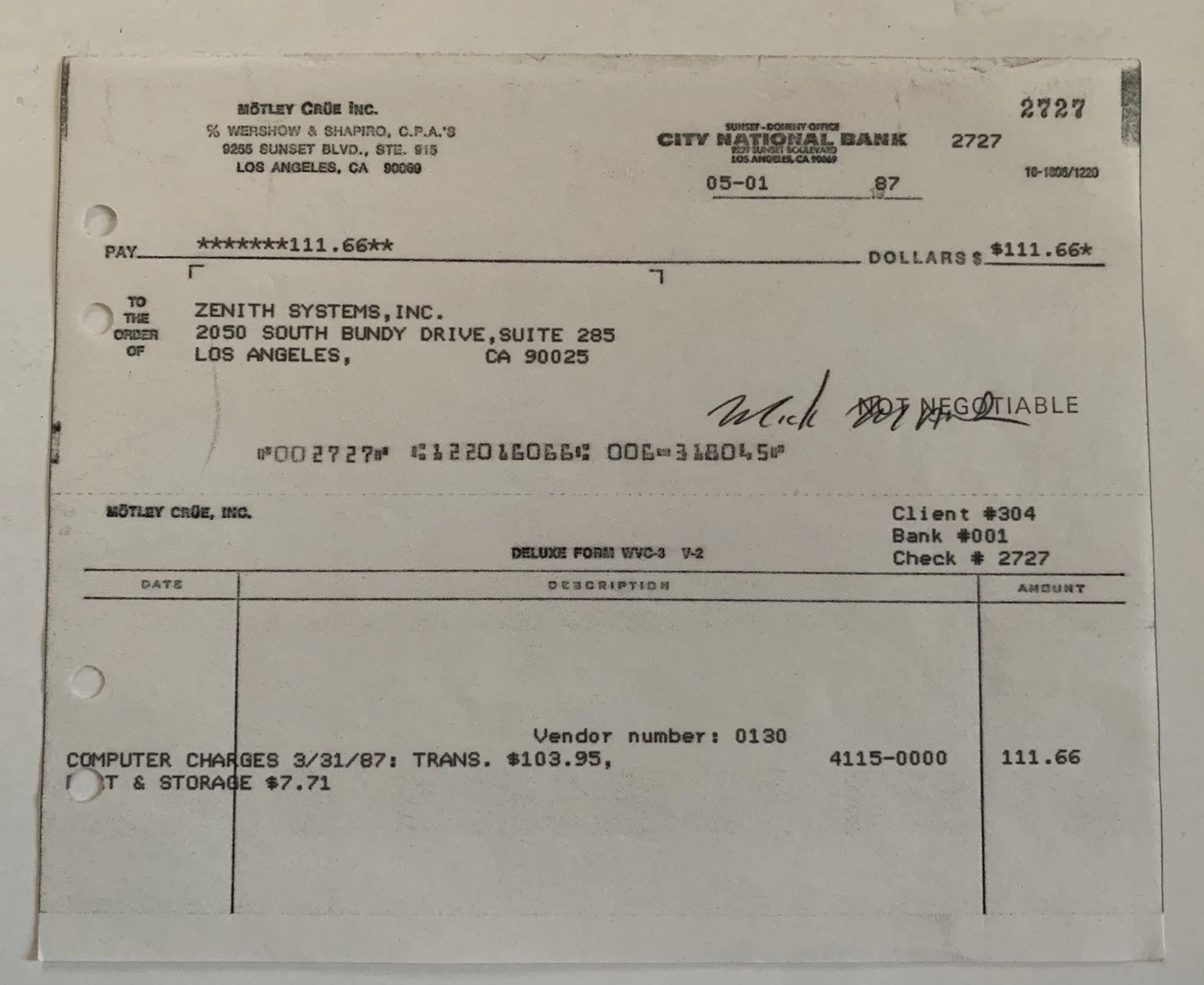 Mick Mars Motley Crue Signed Original CARBON COPY Vintage 1987 Receipe RARE