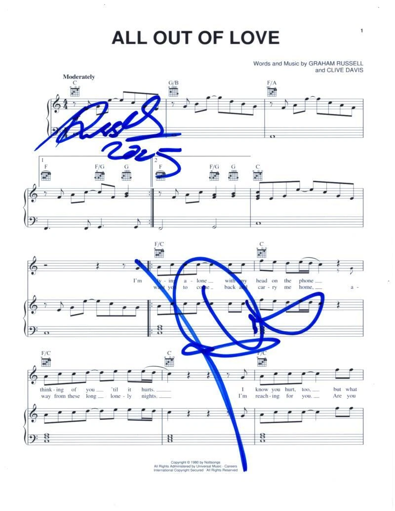 AIR SUPPLY SIGNED AUTOGRAPH ALL OUT OF LONE SHEET MUSIC – GRAHAM R & RUSSELL H COLLECTIBLE MEMORABILIA