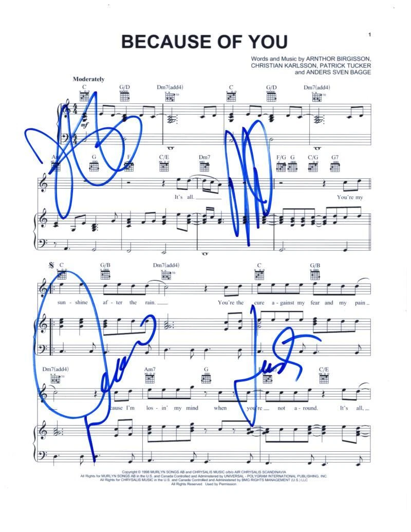98 Degrees Full Band Signed Autograph Because of You Sheet Music - Drew Nick ++
