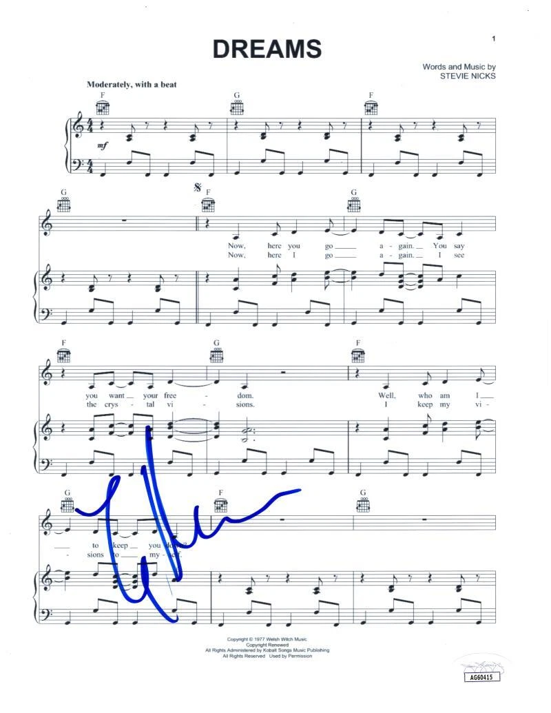 Lindsey Buckingham Fleetwood Mac Signed Autograph Dreams Sheet Music w/ JSA COA