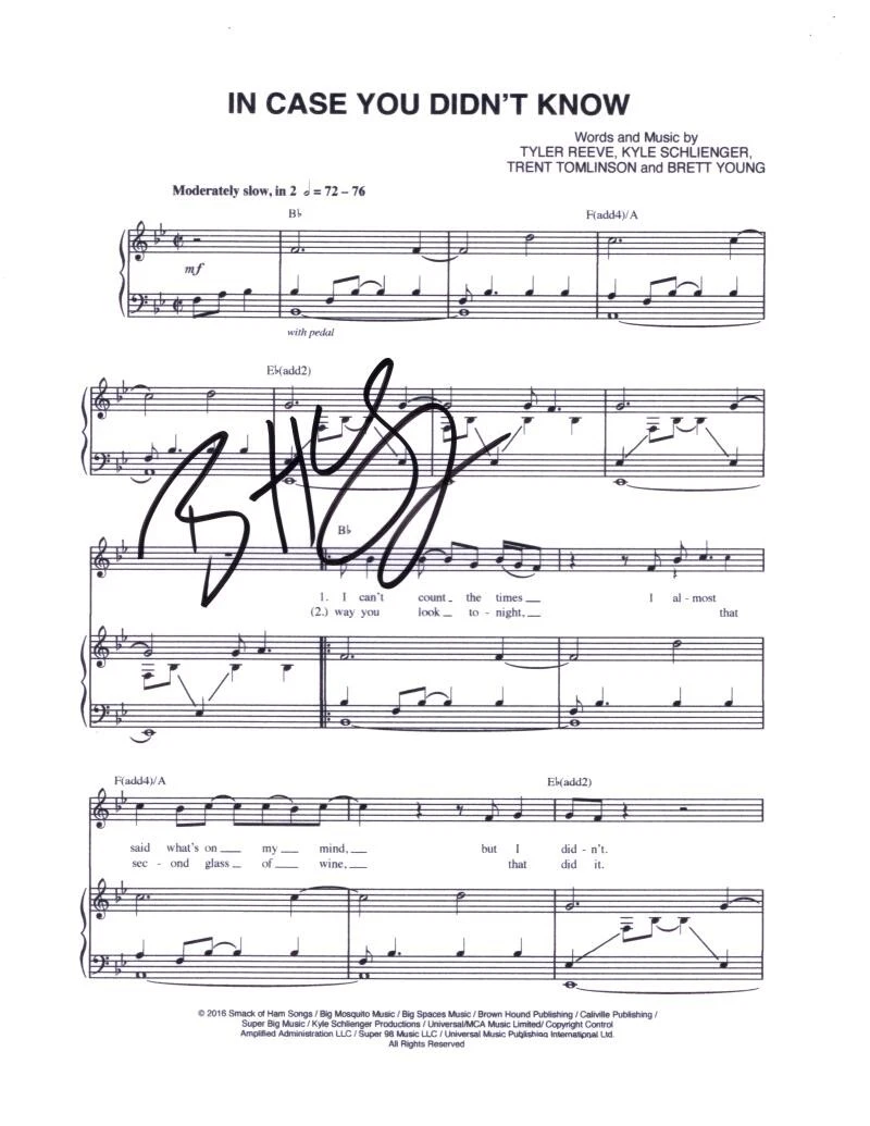 Brett Young Signed Autograph In Case You Didn't Know Sheet Music - Country Music