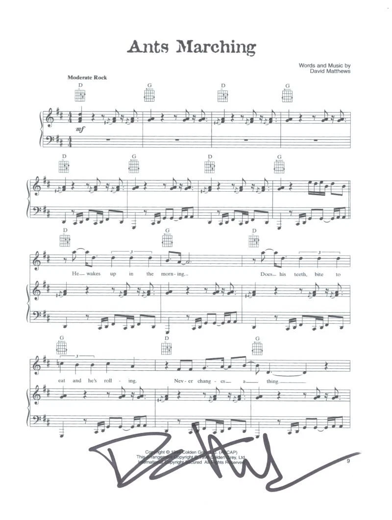Dave Matthews Signed Autograph Ants Marching Sheet Music Under the Table JSA COA
