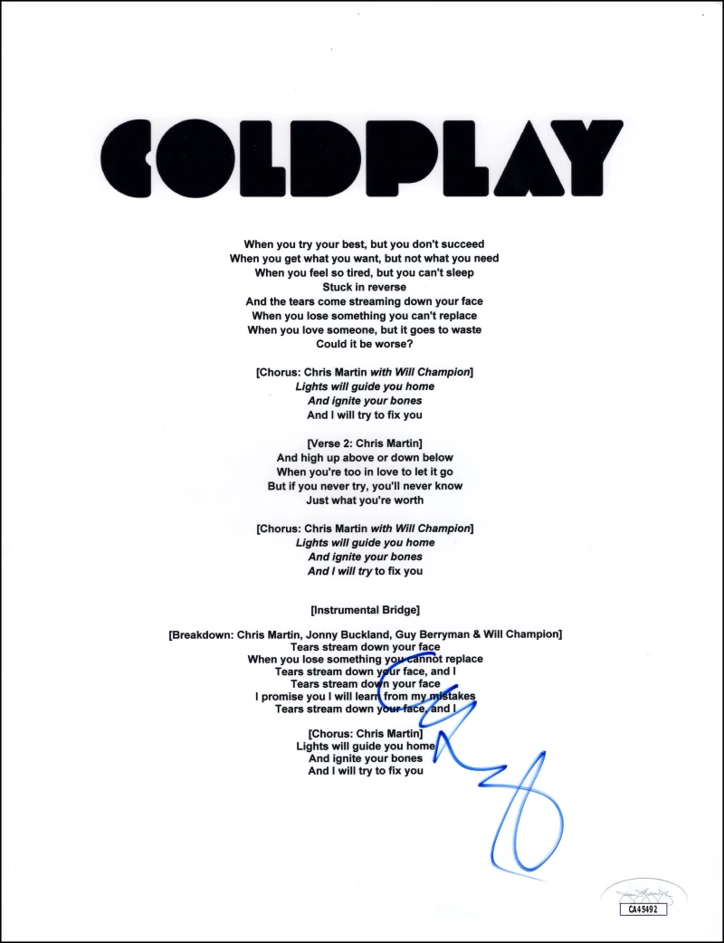 Chris Martin Coldplay Signed Autograph Fix You Lyric Sheet Music X&Y w/ JSA COA