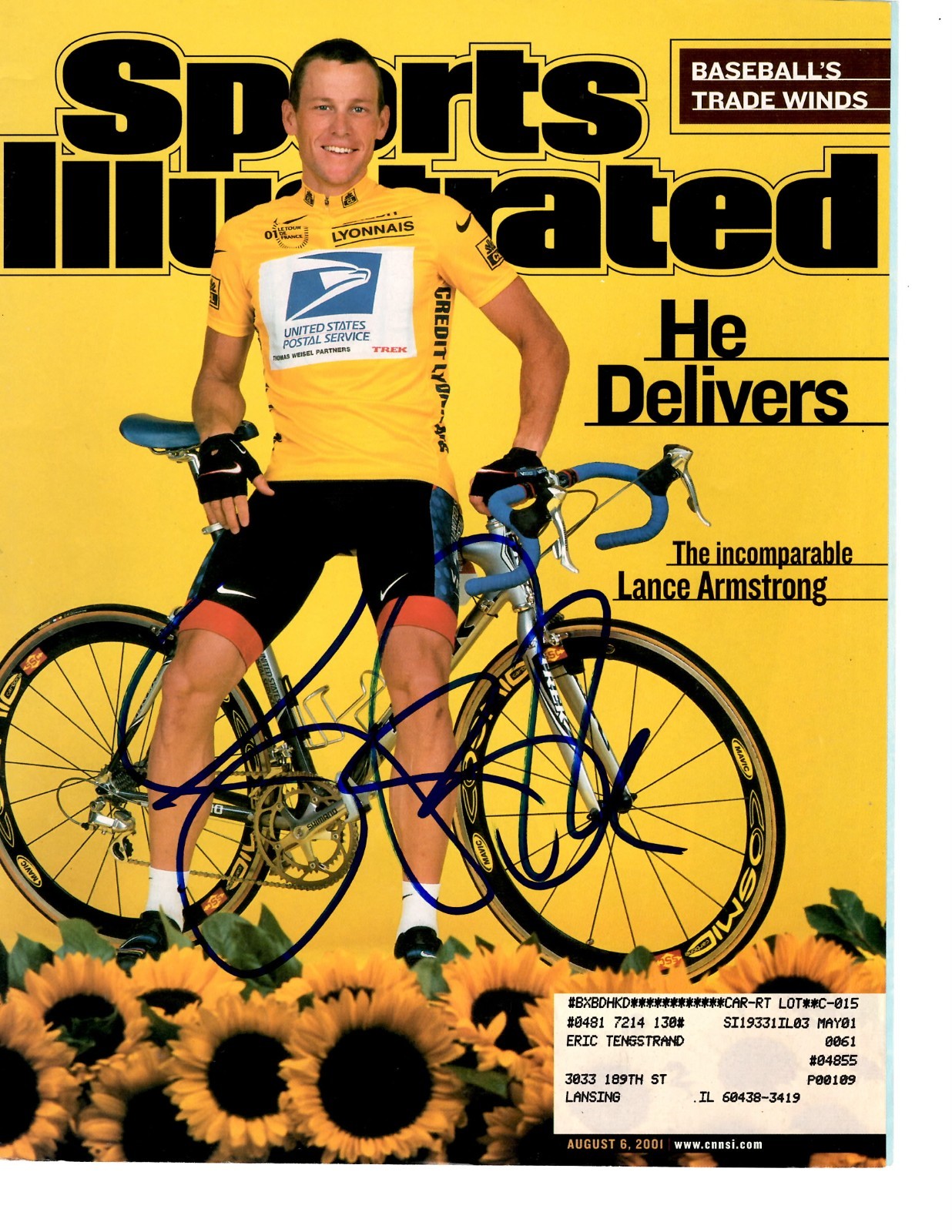LANCE ARMSTRONG SIGNED SPORTS ILLUSTRATED COVER ONLY 8/6/01