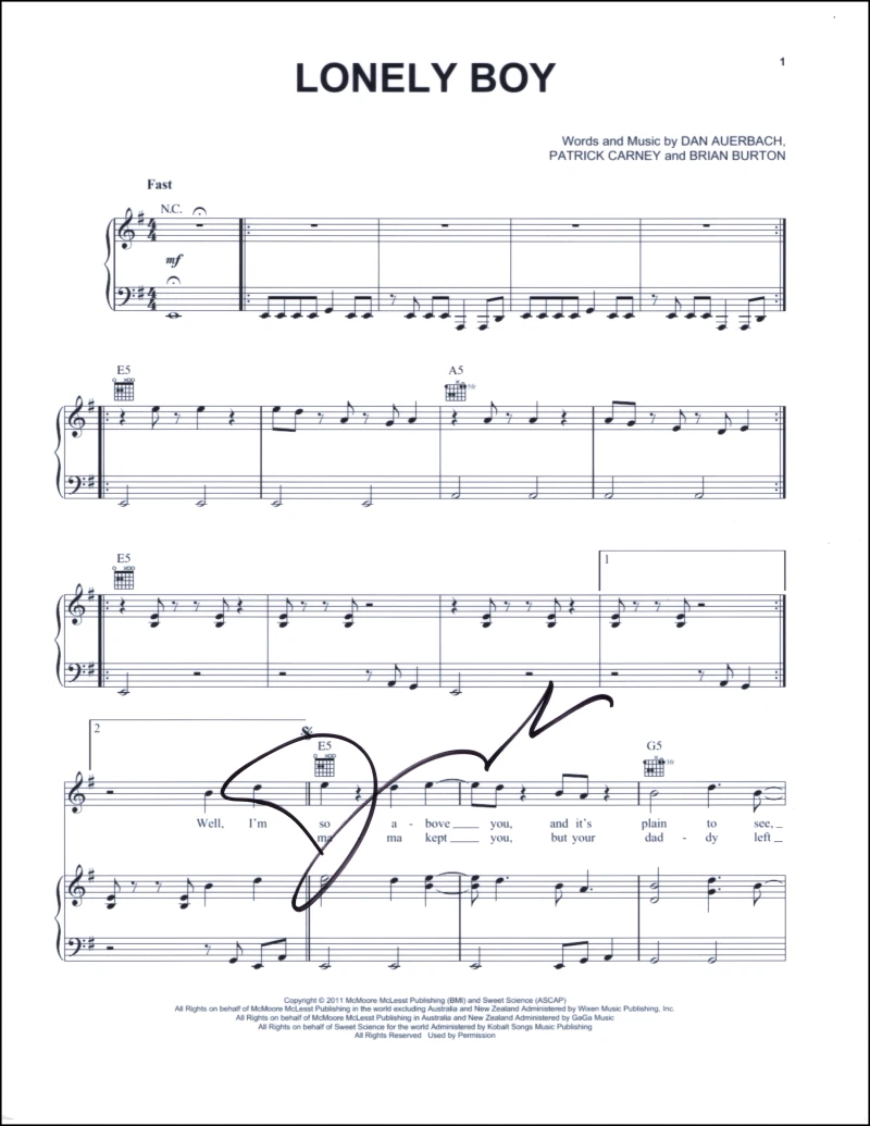 Dan Auerbach The Black Keys Signed Autograph Lonely Boy Sheet Music - El Camino